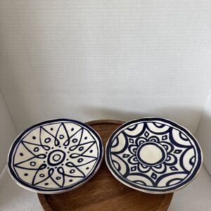 Set Of 2 Hand Painted 6.25” Blue And White Plate/Trinket Dishes Gold Rims
